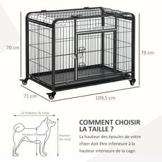 PAWHUT Cage pour chien pliable cage de transport sur roulettes 2 portes verrouillables plateau amovible dim. 109,5L x 71l x 78H cm métal gris noir