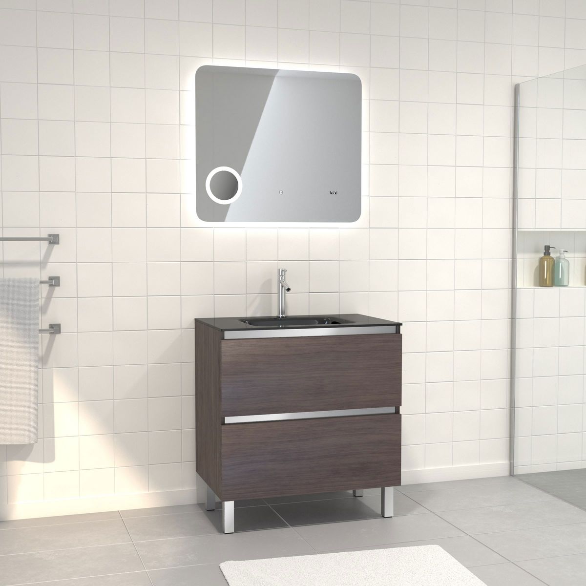 Aurlane Pack Meuble de salle de bain 80x50 cm Graphite + vasque verre noir + miroir LED 80x70