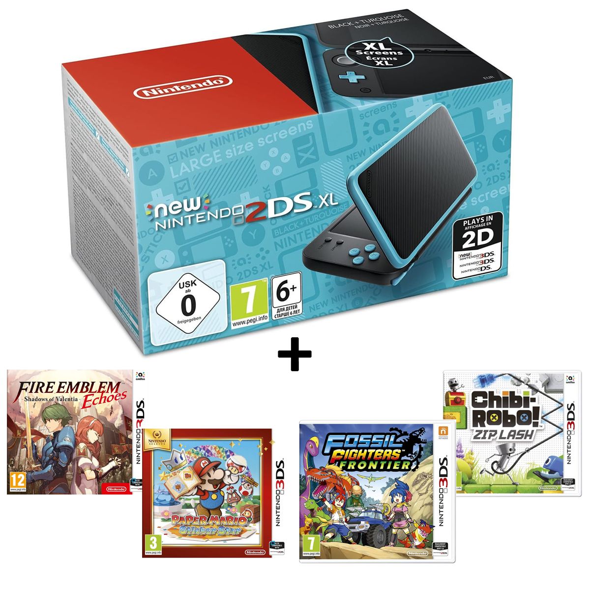 EXCLU WEB Console New Nintendo 2DS XL Noir Turquoise Fire Emblem Echoes Shadows of Valentia Mario Paper Sticker Star Fossil Fighters Frontier Chibi Robo Zip Lash pas cher Auchan