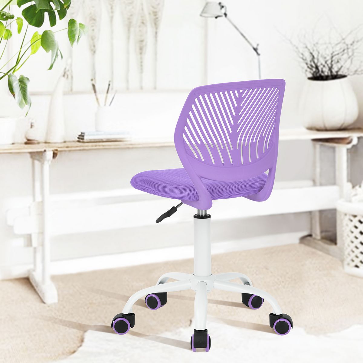 Chaise de bureau enfant ergonomique étudiant réglable roulant métal violet  blanc-couleur douce