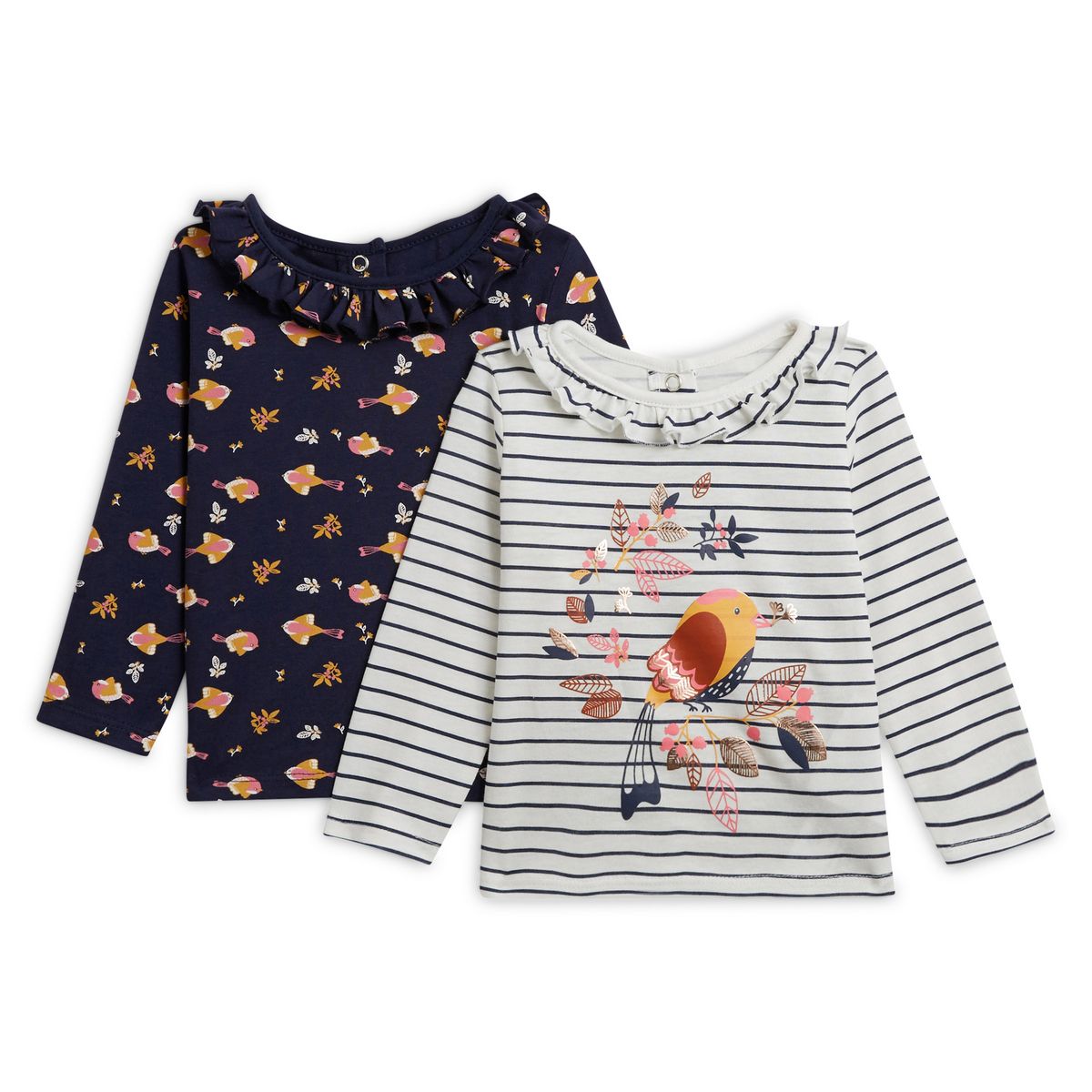 INEXTENSO Lot de 2 t-shirt manches longues à colerette bébé fille
