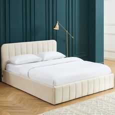 HOMIFAB Lit coffre 160x200 cm en velours beige avec tête de lit + sommier relevable à lattes - Collection Ava