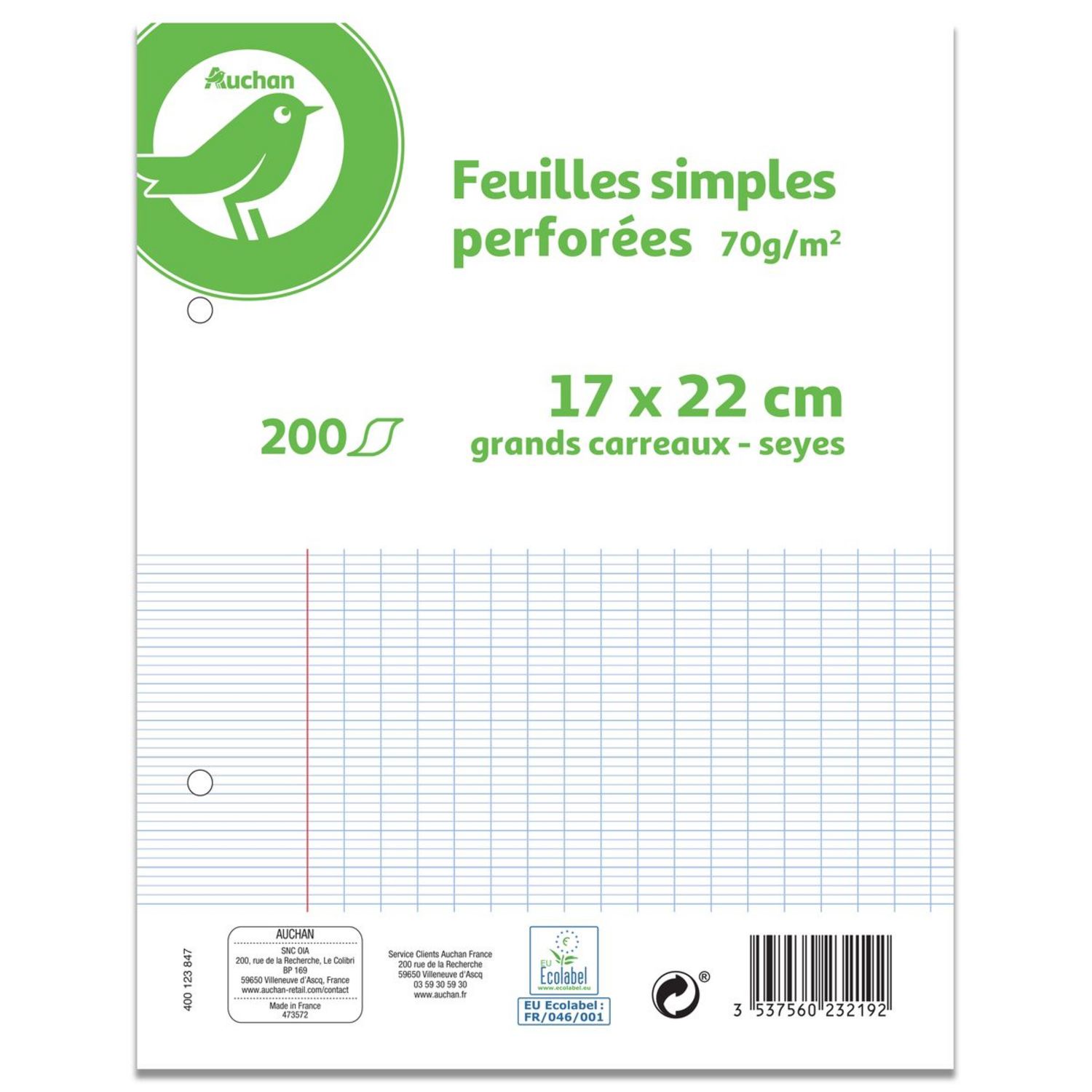 Feuilles mobiles perforées grands carreaux A4 Tous Les Jours 200