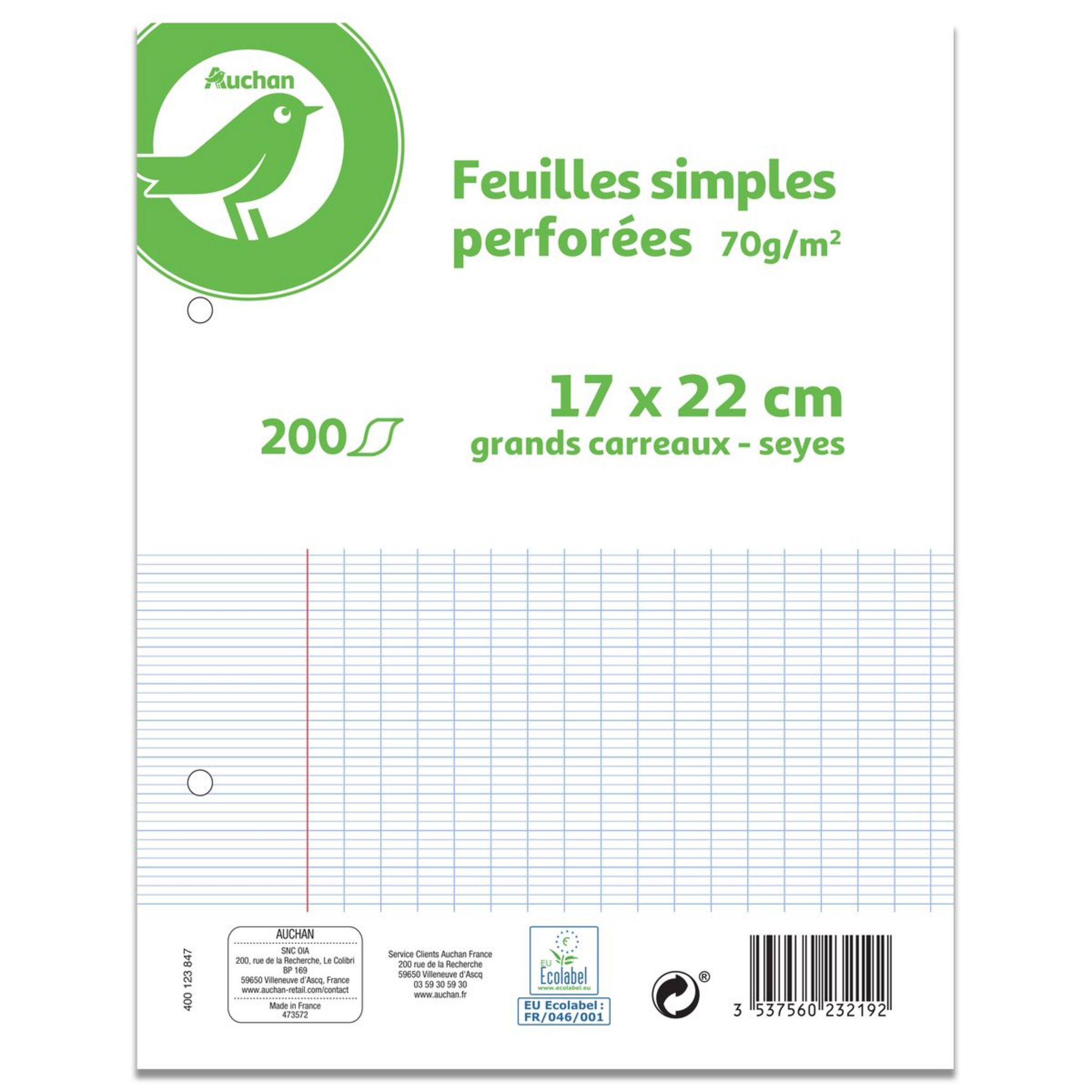 AUCHAN Feuilles simples 200 pages 21x29.7cm grands carreaux Seyes