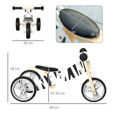 Tricycle draisienne enfant 2 en 1 - selle réglable - roues EVA texturées, guidon ergonomique, poignée transport - panneaux bois motif zèbre