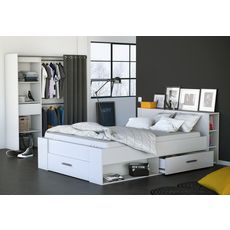 Lit 140 x190 cm avec tête de lit et rangements ILIAN (Blanc)