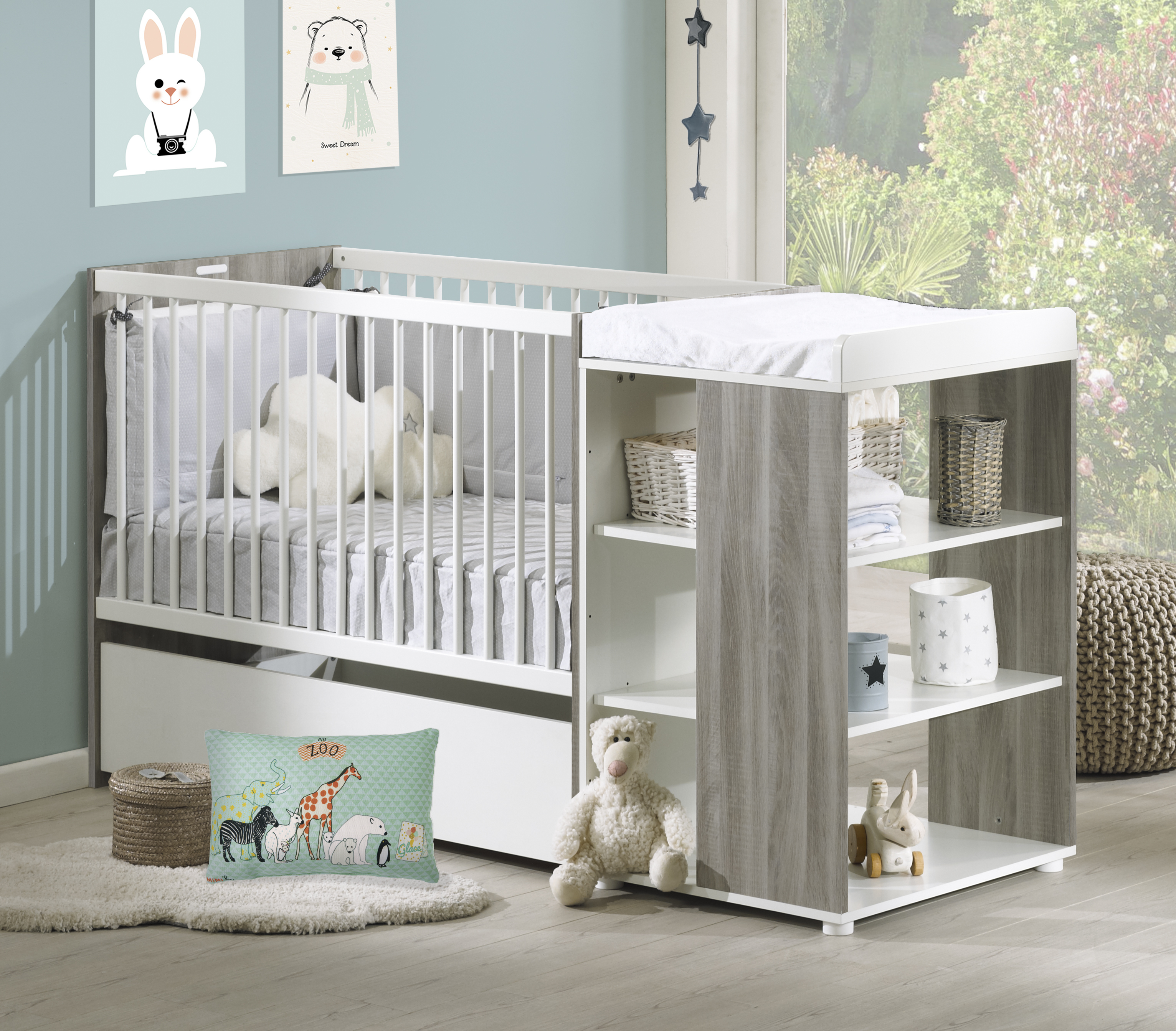 KAINA - Pack Lit Bébé 60x120cm + Commode 3 Tirois Coloris Blanc et Naturel  -  - Meubles, Salons, Literie