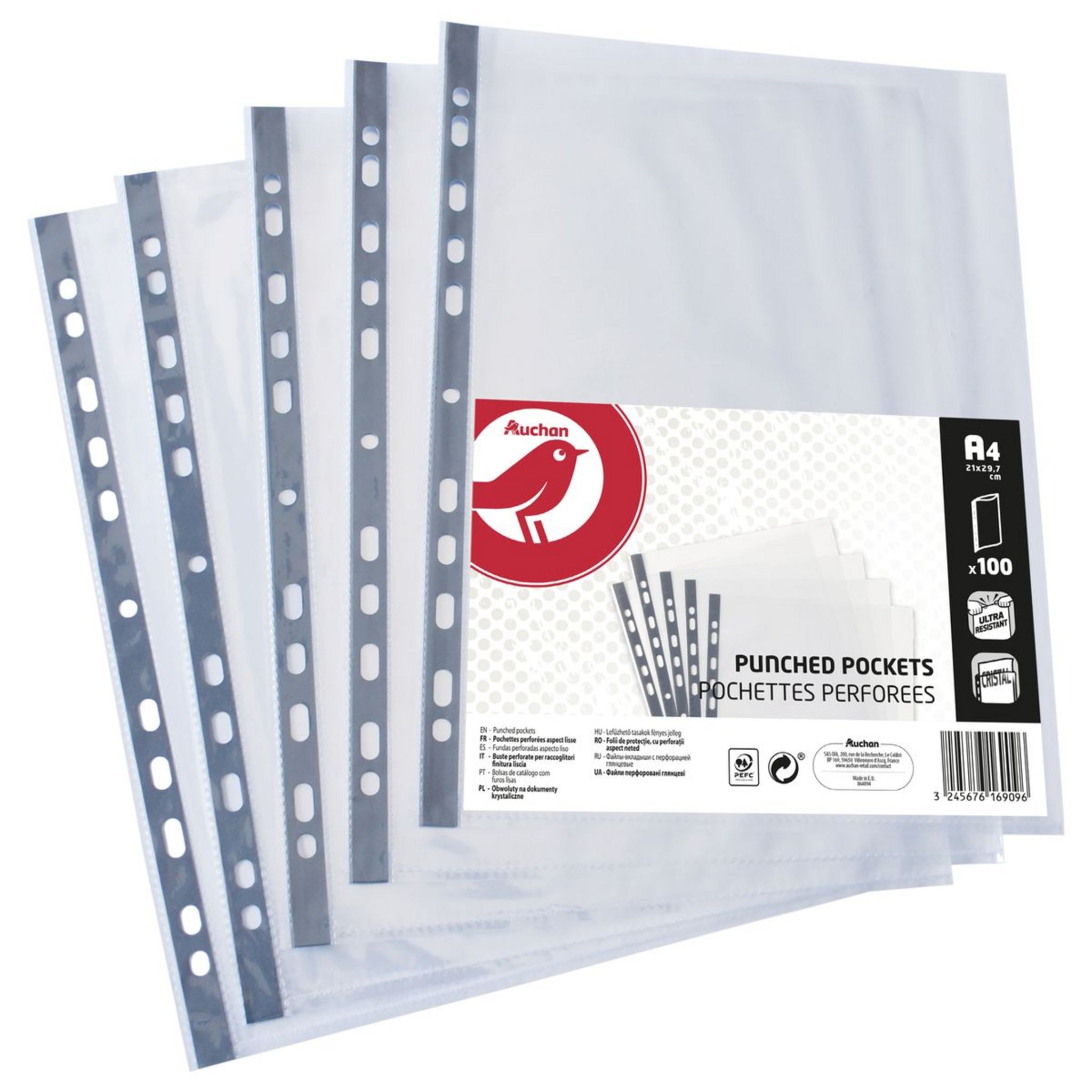 AUCHAN Lot de 100 pochettes plastiques perforées lisses A4 pas cher 