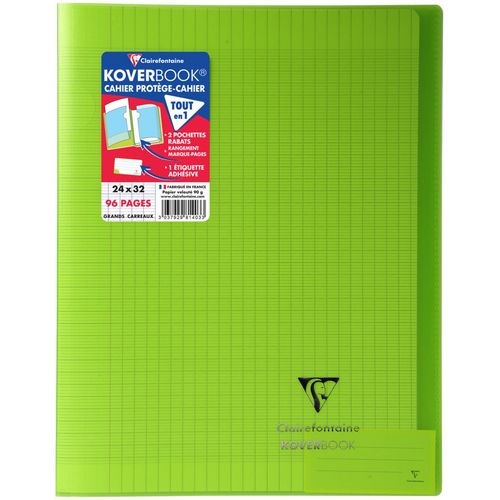 Cahier piqué polypro Koverbook 24x32cm 96 pages grands carreaux Seyes vert transparent