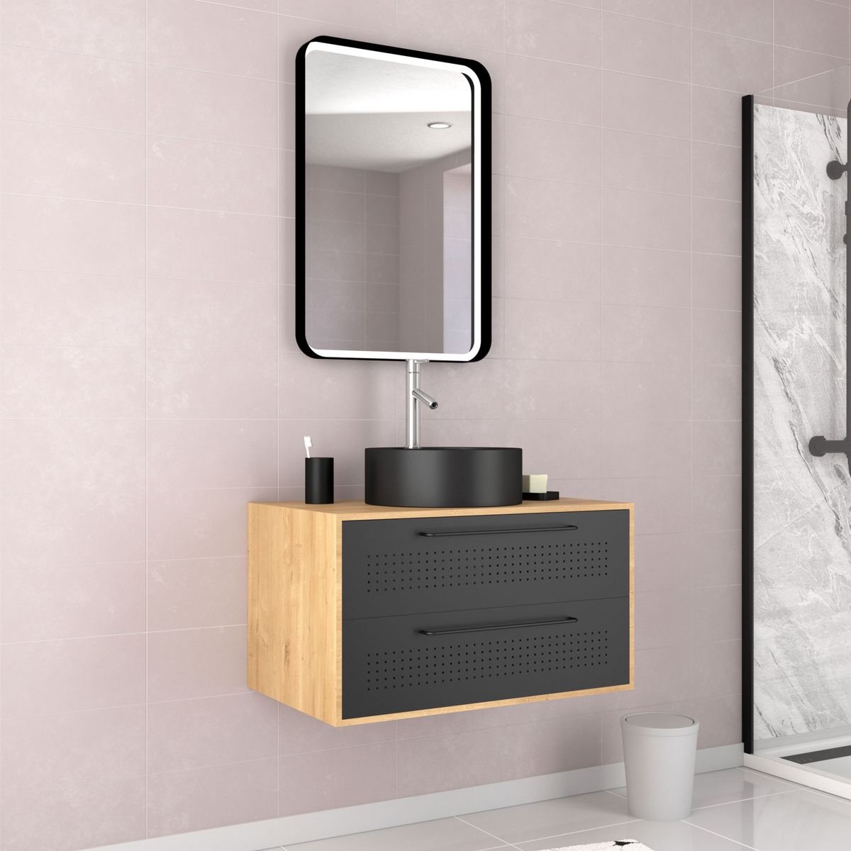 Aurlane Meuble de salle de bain Chêne naturel + Vasque noir mat + Miroir LED - UBY 80 - 80x45x53cm