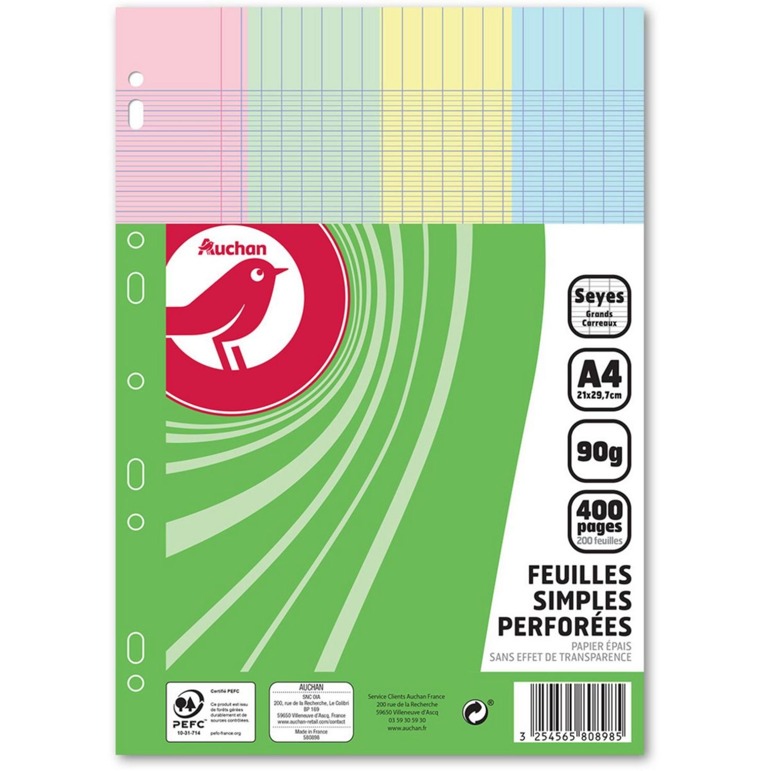 AUCHAN Feuilles simples 400 pages 21x29.7cm grands carreaux Seyes couleurs  assorties perforées pas cher 