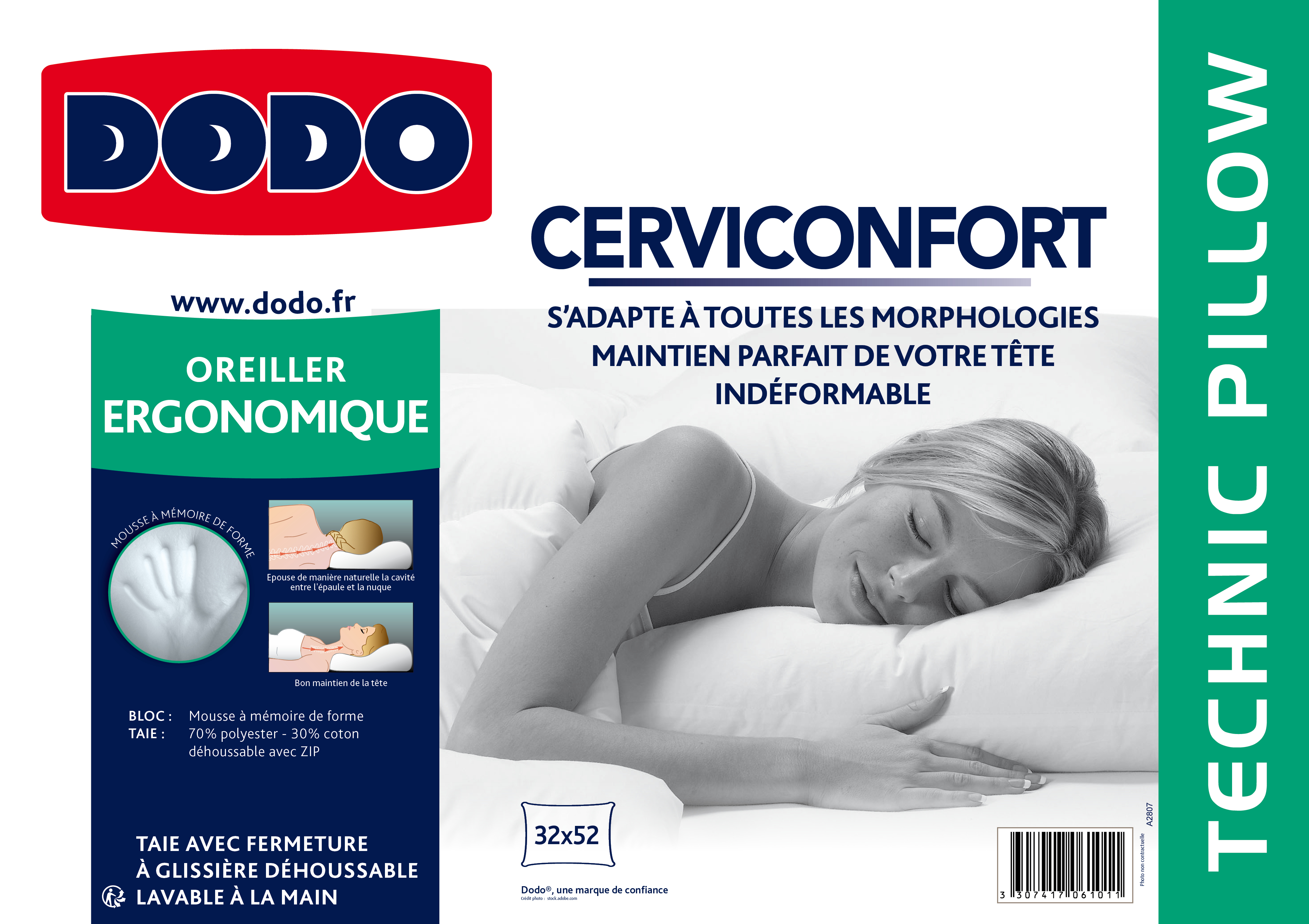 DODO Oreiller à mémoire de forme en polycoton CERVICONFORT pas cher 