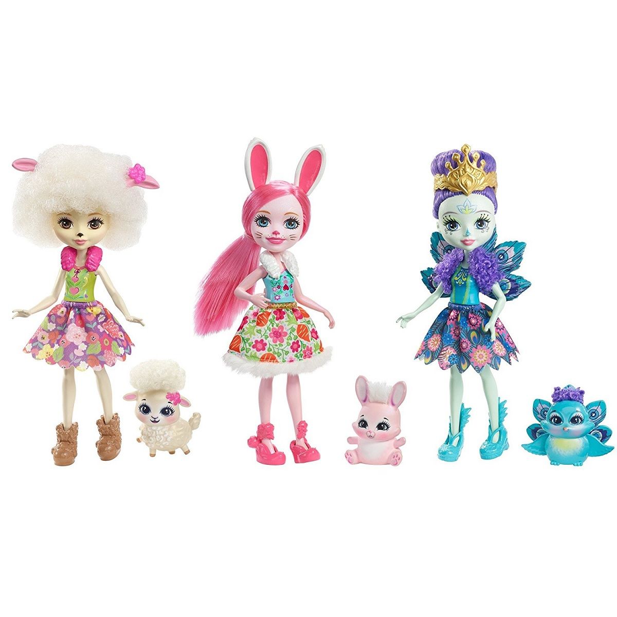 MATTEL Coffret de 3 mini-poupées Enchantimals + animal : Mouton, Paon et  lapin pas cher 