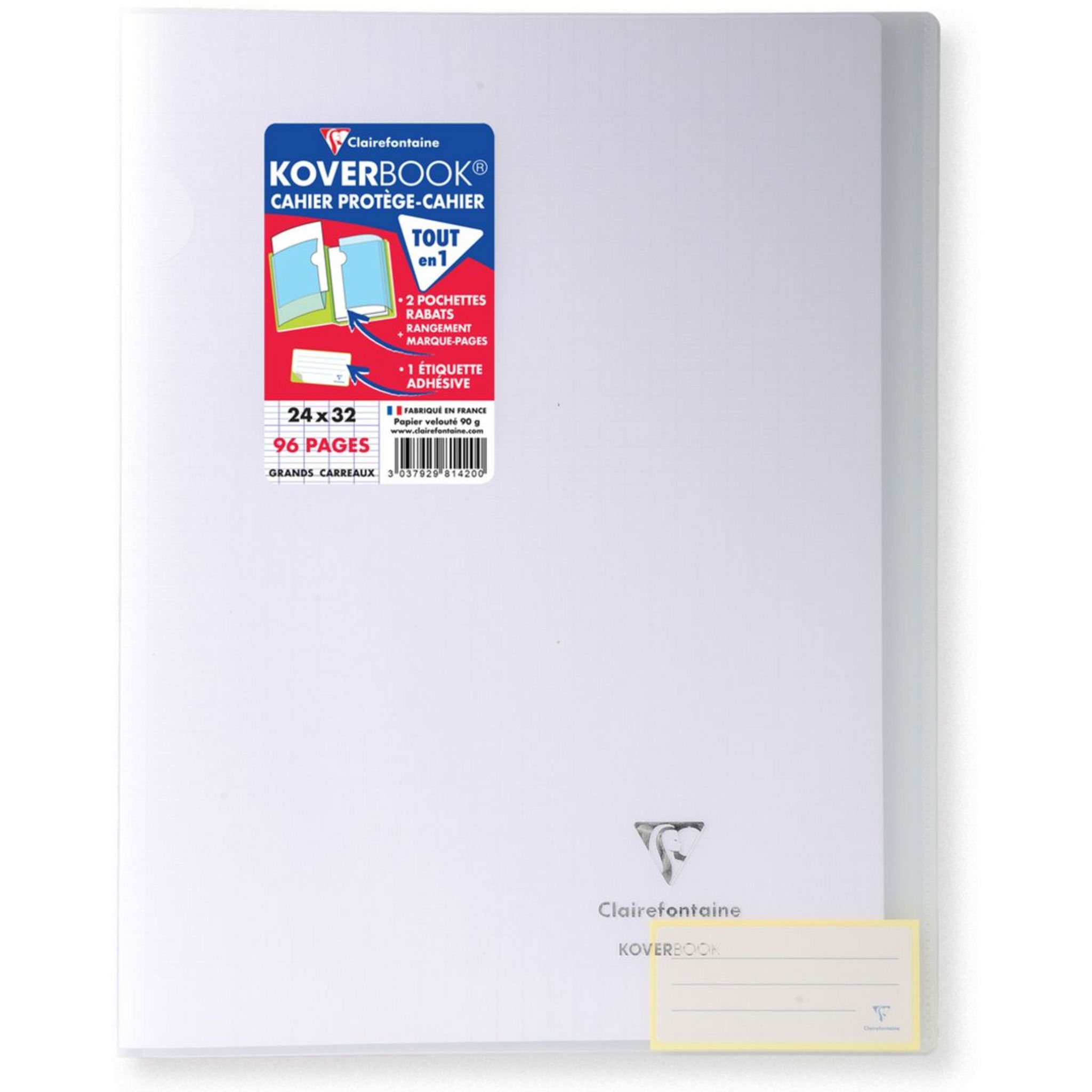 CLAIREFONTAINE Cahier piqué polypro Koverbook 24x32 cm 96 pages grands  carreaux Seyes blanc transparent pas cher 