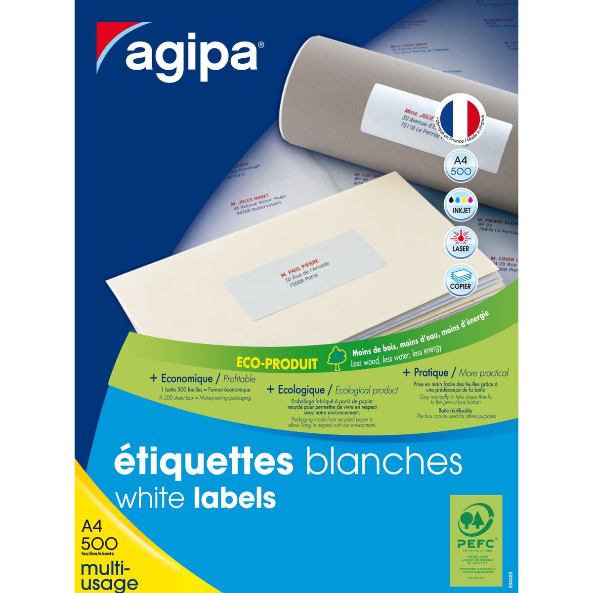 Apli Agipa Etiquettes blanches 500 feuilles A4 7x3,5cm 12 000 pièces