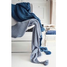 ACTUEL Plaid tricot uni en polyester finition pompons 400g/m² WINTER  (Bleu)