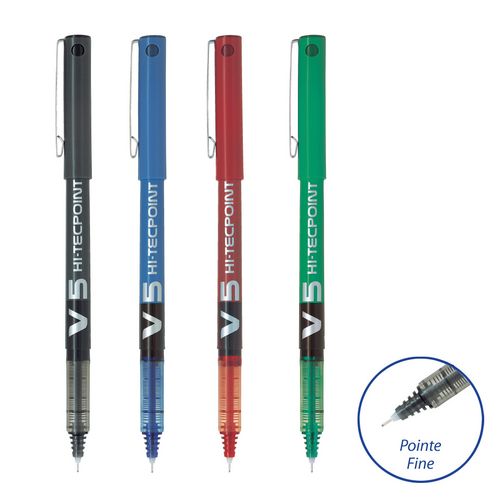 Lot de 4 stylos roller pointe fine encre liquide bleu/rouge/vert/noir V5 HI-TECPOINT