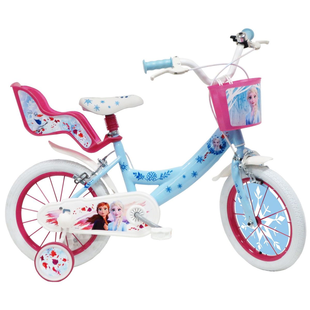 Disney La Reine des Neiges Vélo 14  Fille Licence  Reine des Neiges  + Casque pour enfant de 4 à 6 ans avec stabilisateurs à molettes et Porte poupée