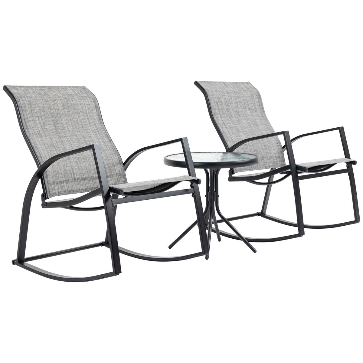 OUTSUNNY Ensemble de jardin 3 pièces 2 fauteuils à bascule table basse plateau verre trempé acier époxy textilène gris