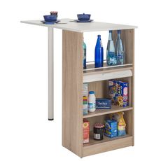 Table comptoir de cuisine avec rangement à rideau L130cm LUCK (Chêne/blanc)