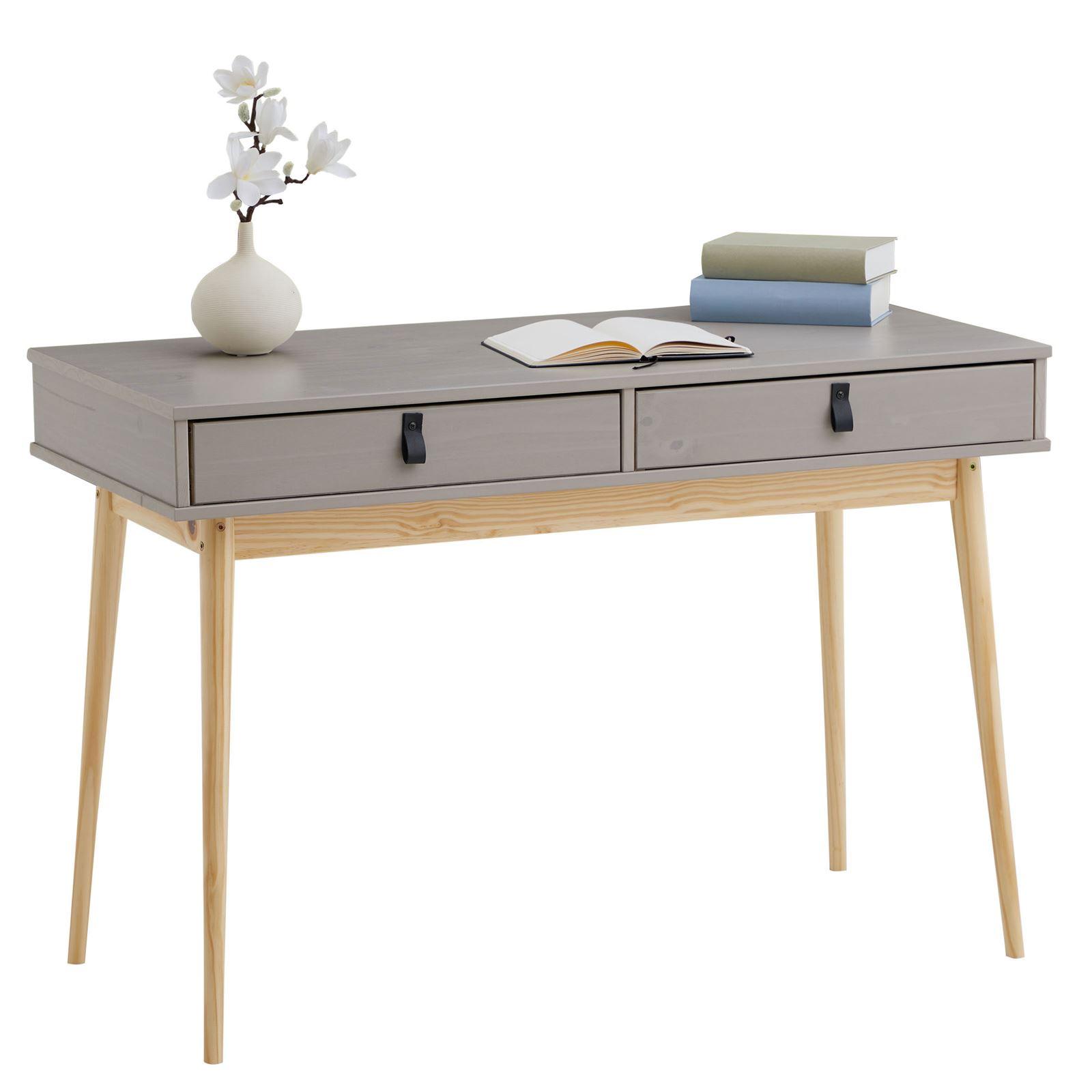 Bureau HUGO avec rangement 5 tiroirs style scandinave en pin massif vernis  naturel et lasuré gris