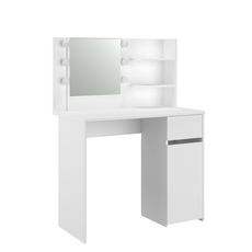 Coiffeuse 1 tiroir 1 porte 1 miroir avec ampoules LED  ELODIE (Blanc)