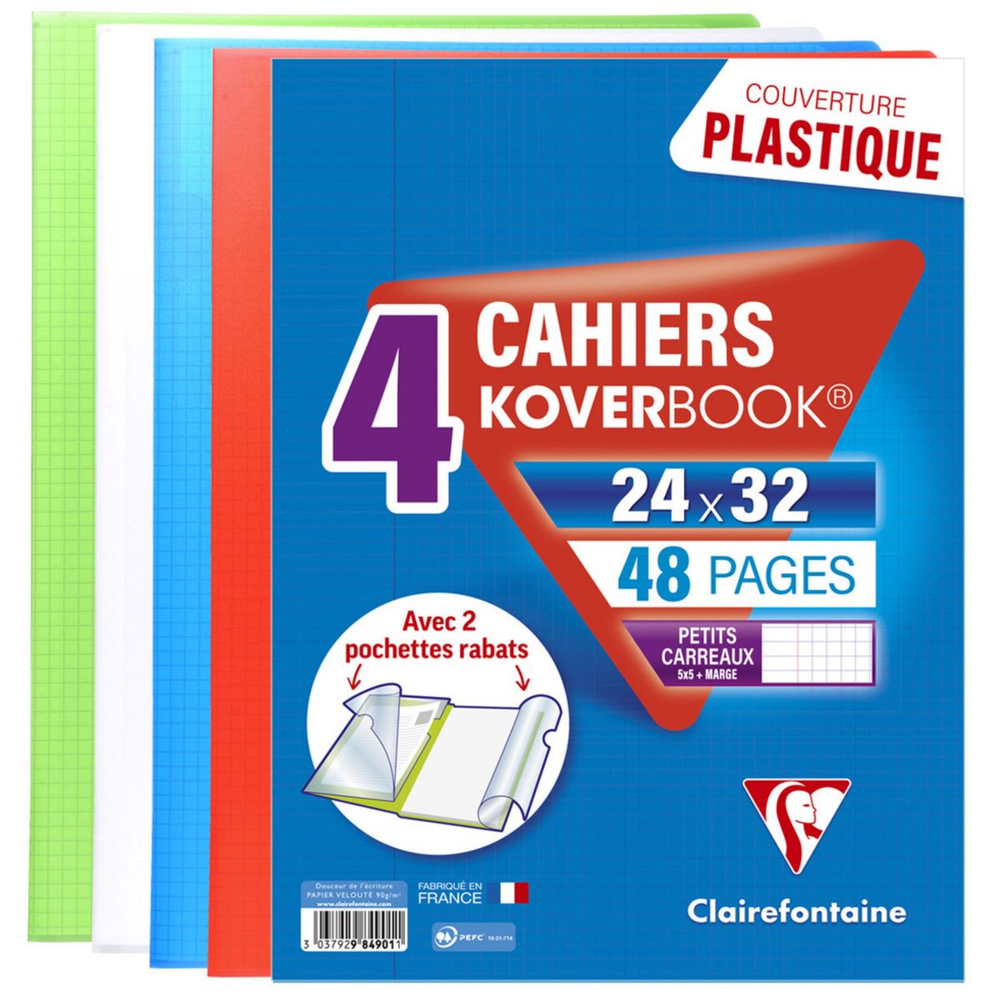 Cahier 24x32, 96 pages, 90g. grands carreaux couverture plastique PP ROUGE  avec rabats