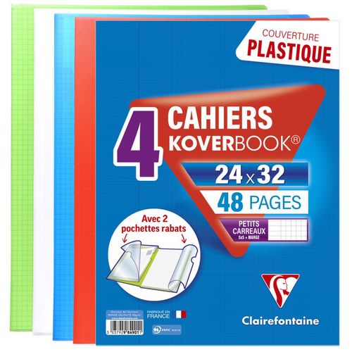 Lot de 4 cahiers polypro Koverbook 24x32cm 48 pages petits carreaux 5x5 translucide