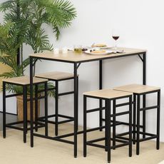 Ensemble table de bar design industriel + 4 tabourets repose-pieds panneaux particules imitation chêne clair métal noir