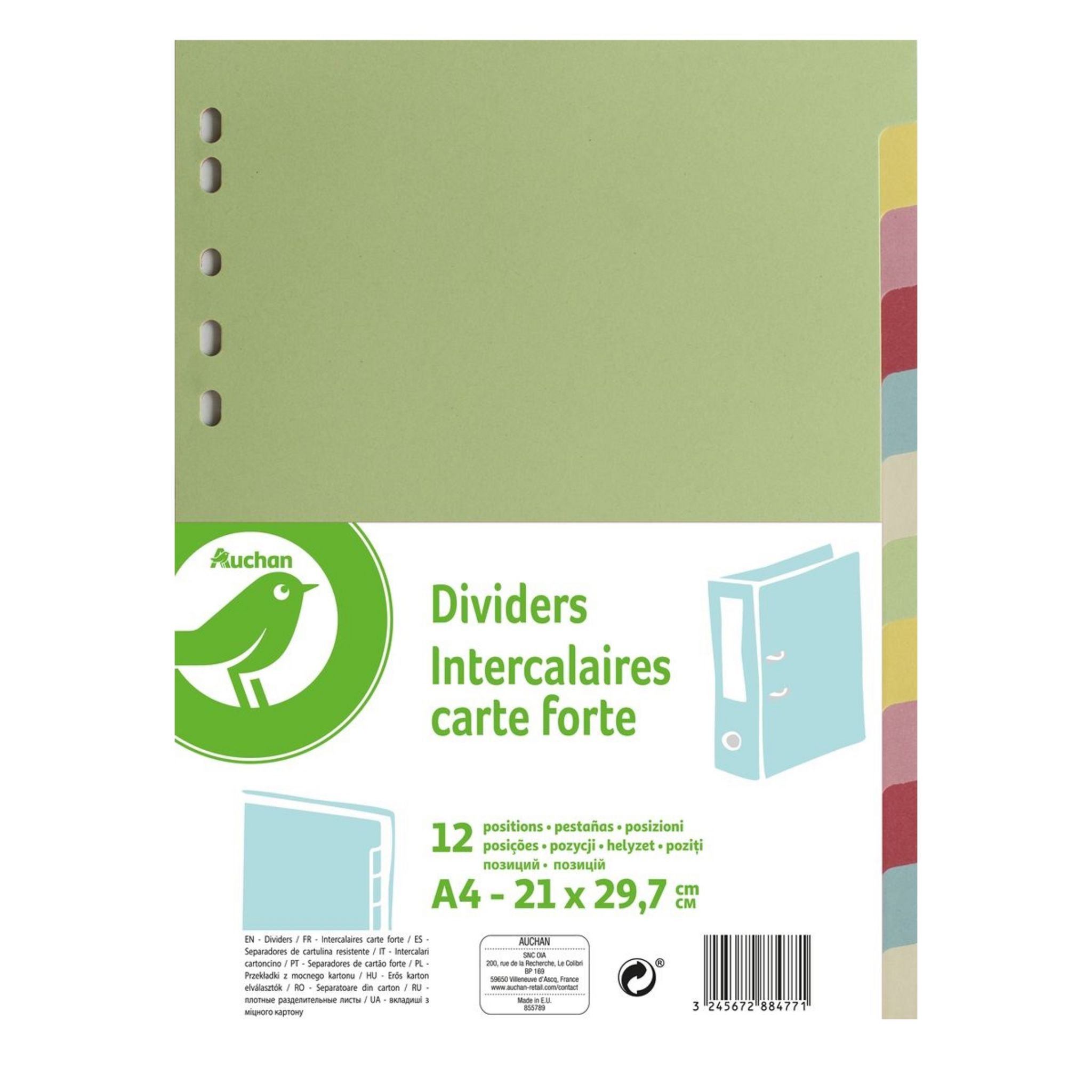 AUCHAN Lot de 12 intercalaires A4 maxi carte lustrée coloris assortis pas  cher 