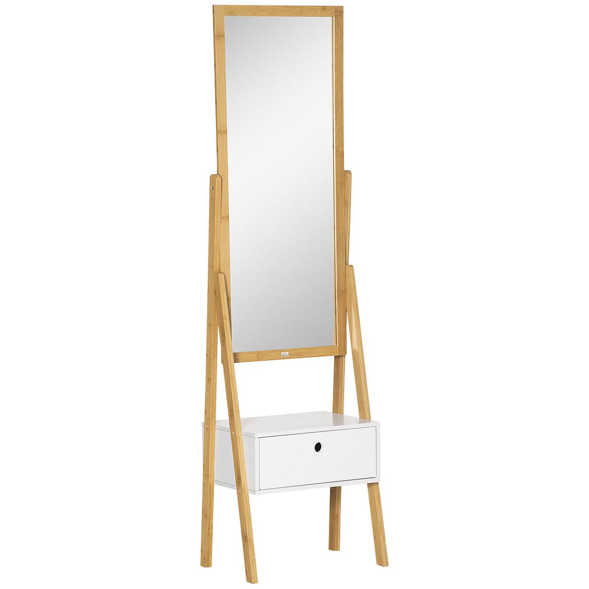 HOMCOM Miroir sur pied avec rangement tiroir en bambou et MDF - dim. 45L x 30l x 160H cm - blanc et naturel