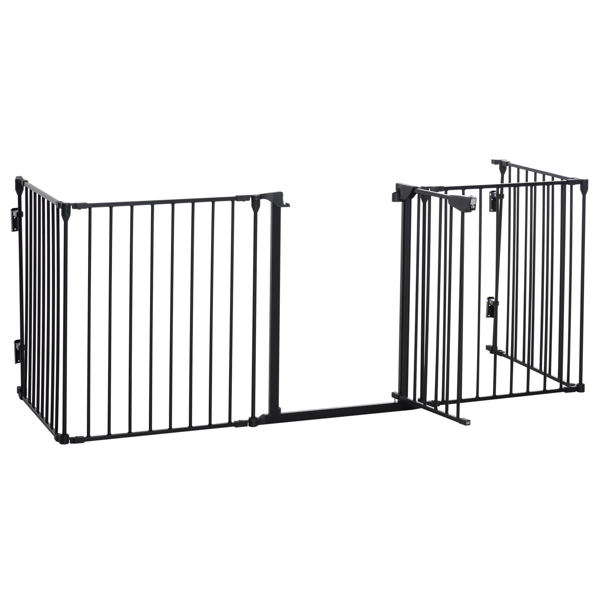 Barrière de sécurité parc enclos chien modulable pliable porte  verrouillable intégrée 5 panneaux grillage acier noir bois de pin verni