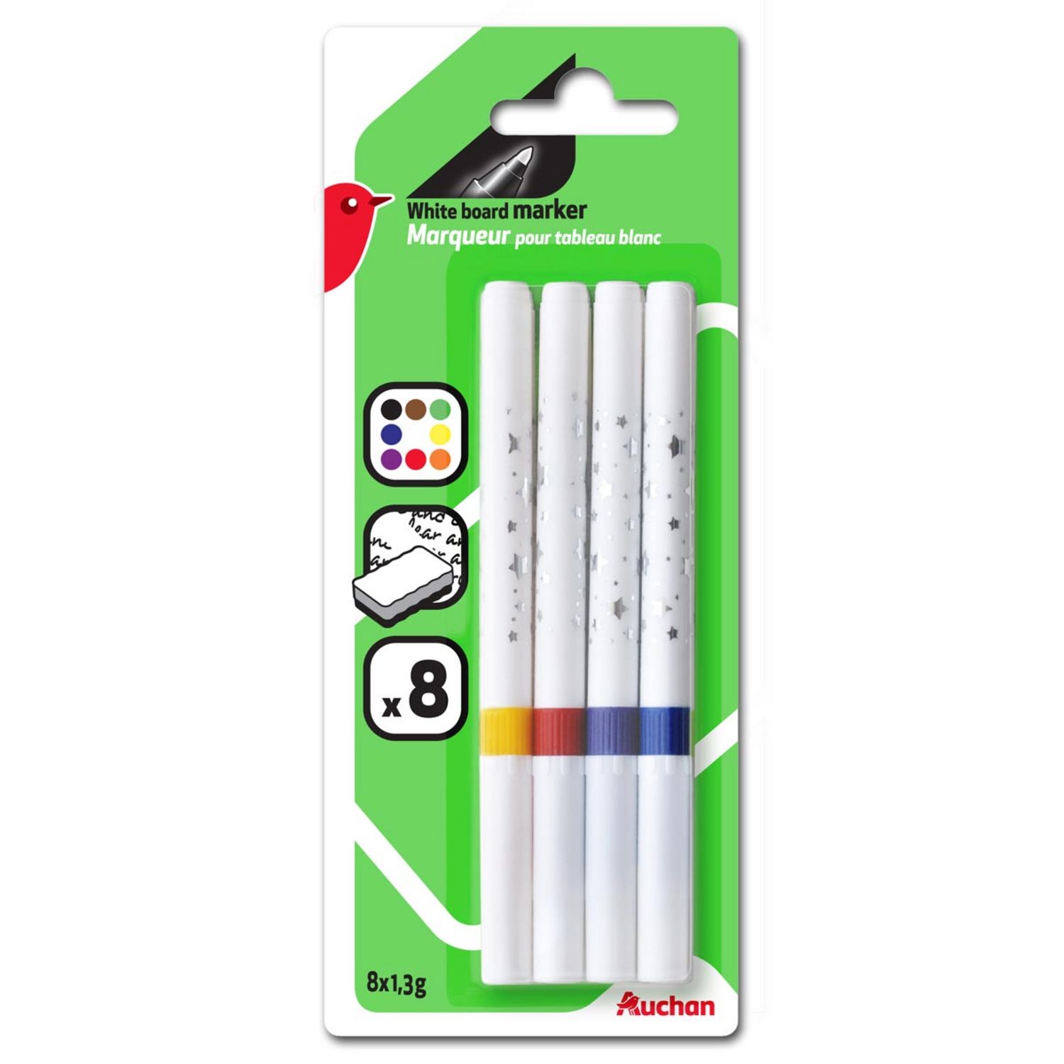 AUCHAN Lot de 2 marqueurs pour tableau blanc effaçables pointes