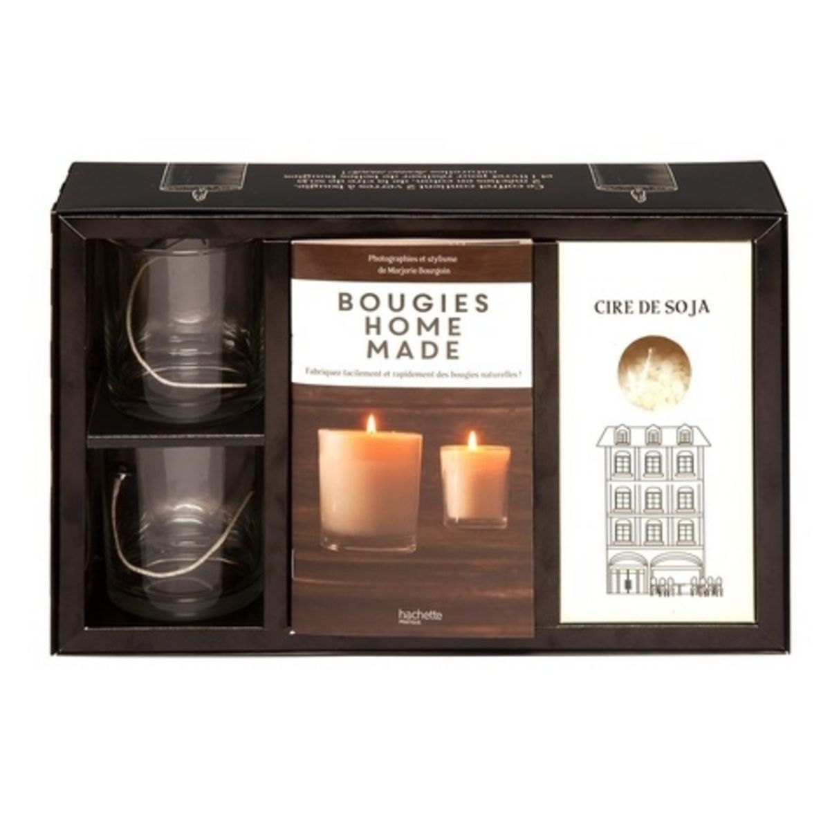BOUGIES HOME MADE. COFFRET AVEC 2 VERRES A BOUGIE, 2 MECHES EN COTON, 1