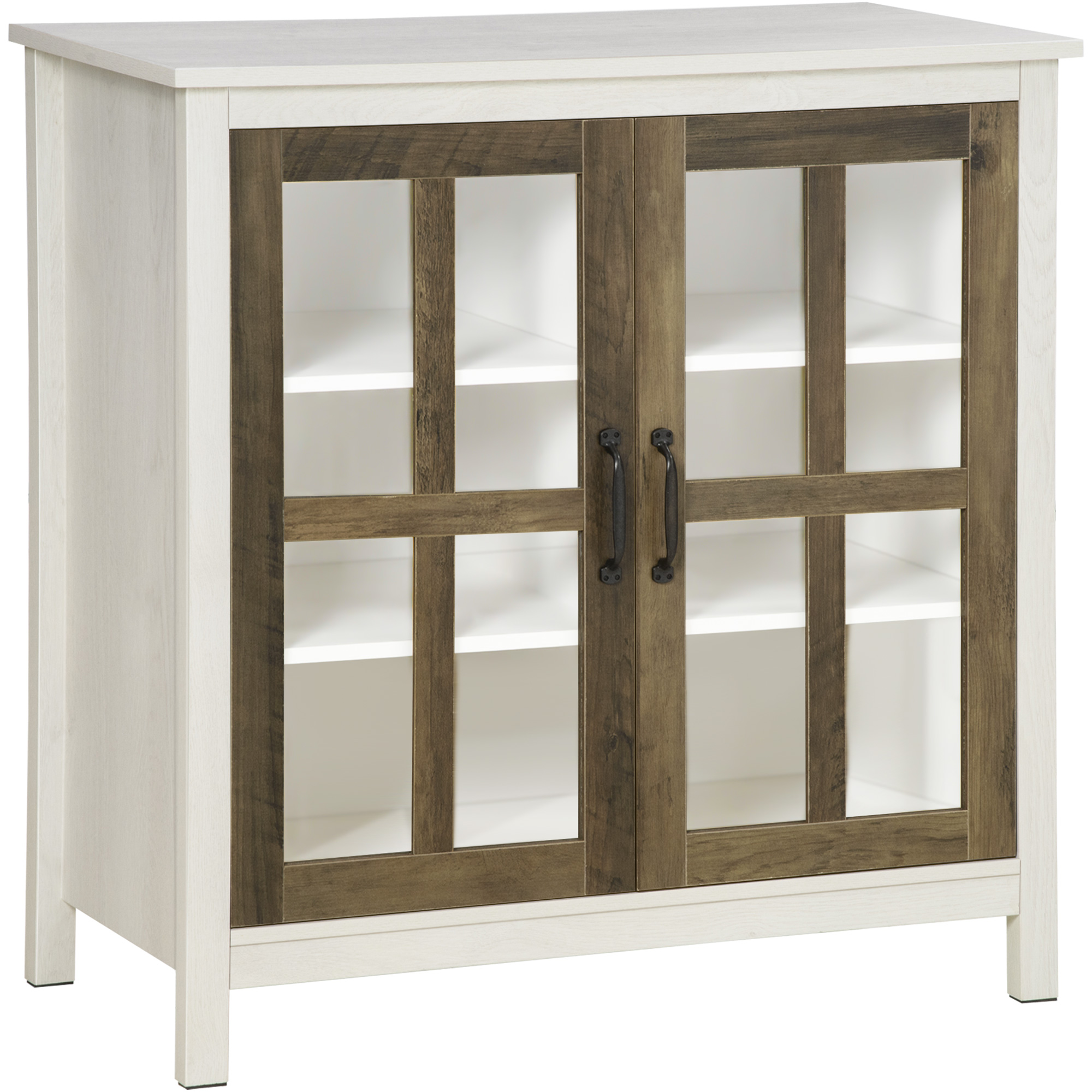 HOMCOM Armoire de cuisine multi-rangement 4 portes vitrine verre avec  étagère tiroir coulissant grand plateau panneaux particules blanc aspect  chêne clair