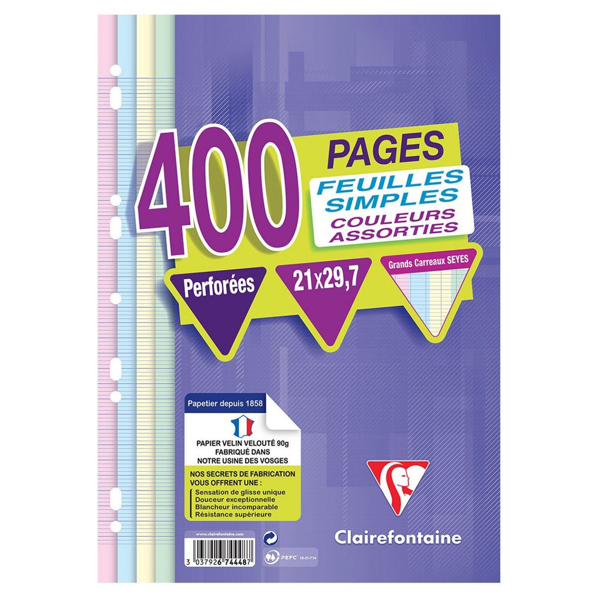 200 pages copies simples grands carreaux colorées A4 perforées,  Clairefontaine