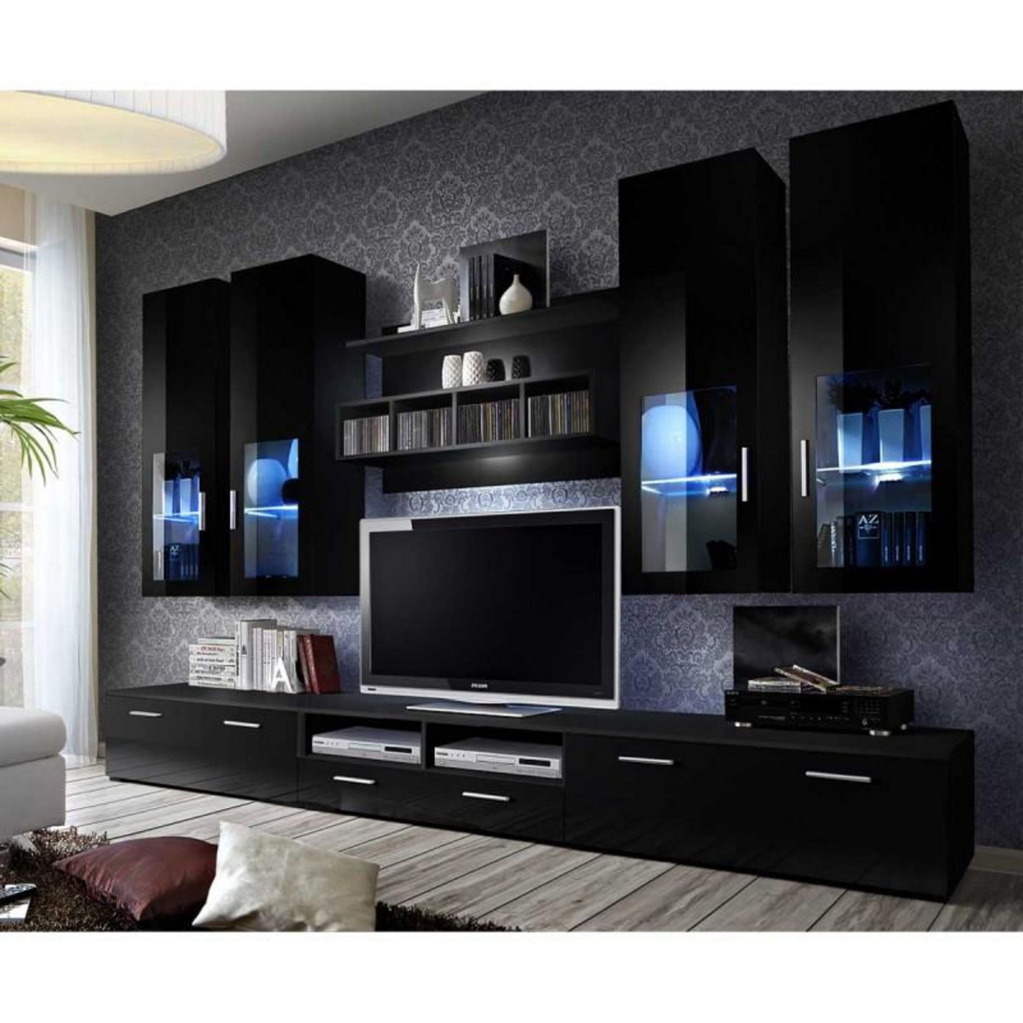 Meuble TV Mural Design Lyra 300cm Noir & Blanc