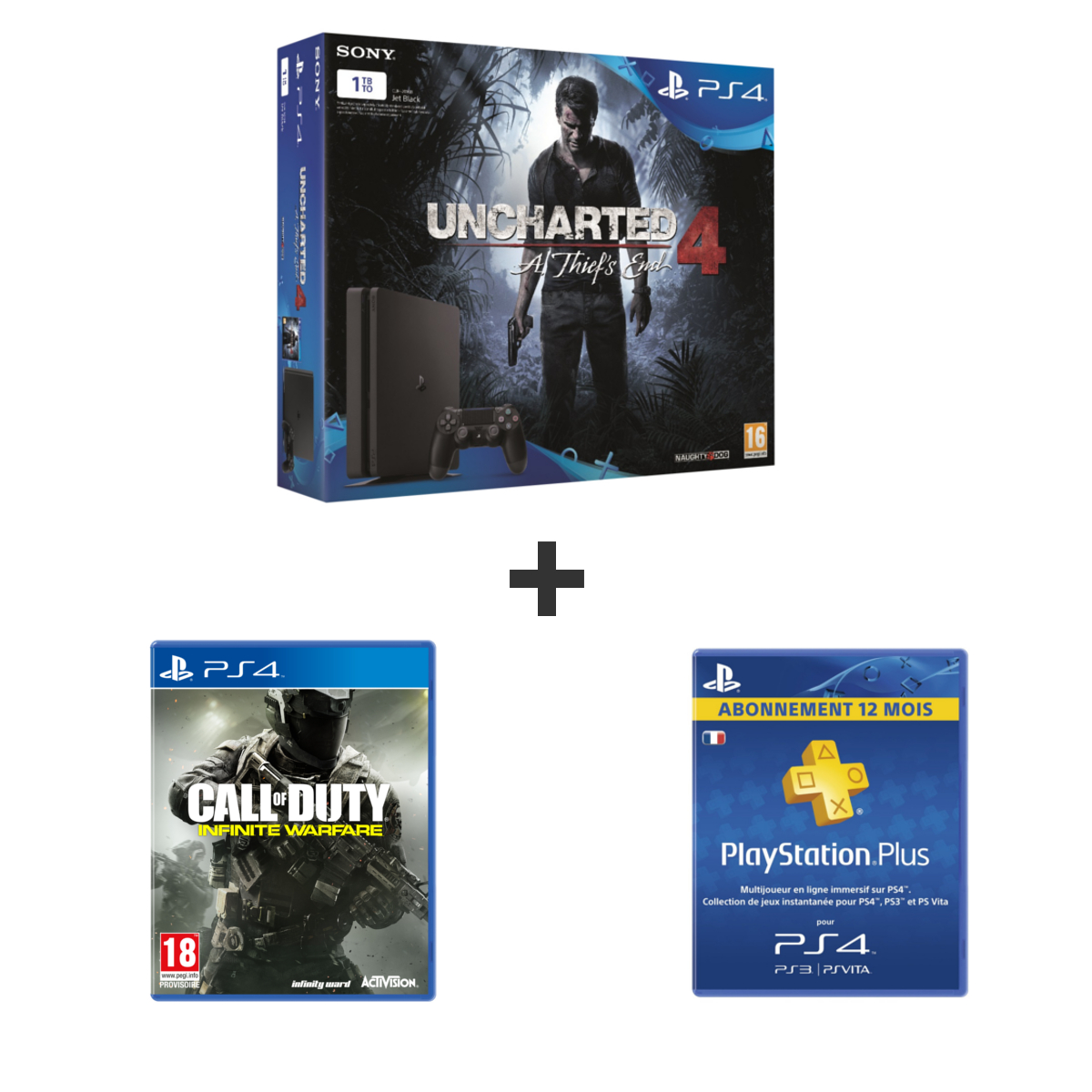 PS4 SLIM 1To UNCHARTED 4 + CALL OF DUTY : INFINITE WARAFARE + ABONNEMENT 12  MOIS PLAYSTATION PLUS pas cher 
