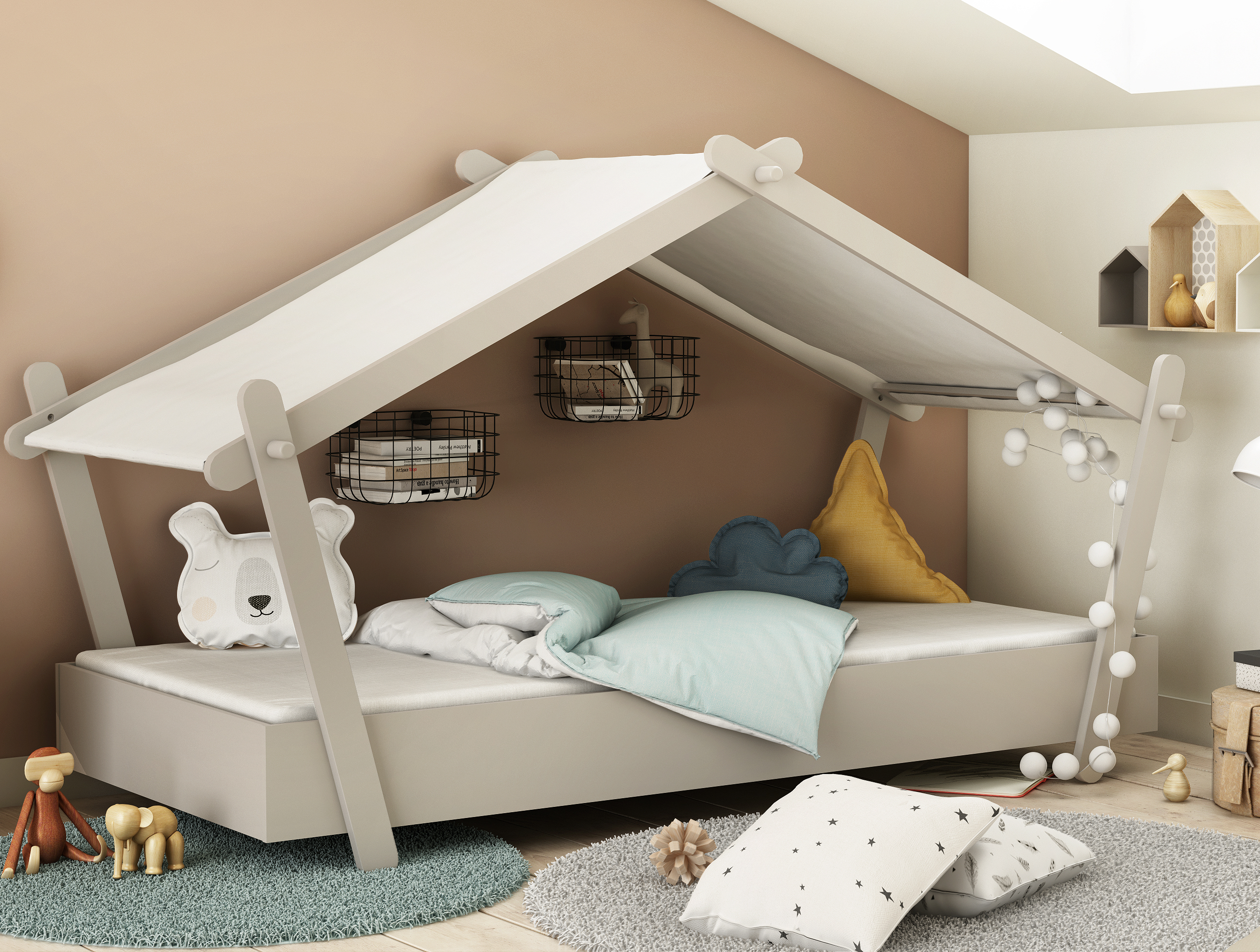 Lit cabane enfant 90 x 190 cm avec sommier et échelle TOTEM pas cher 