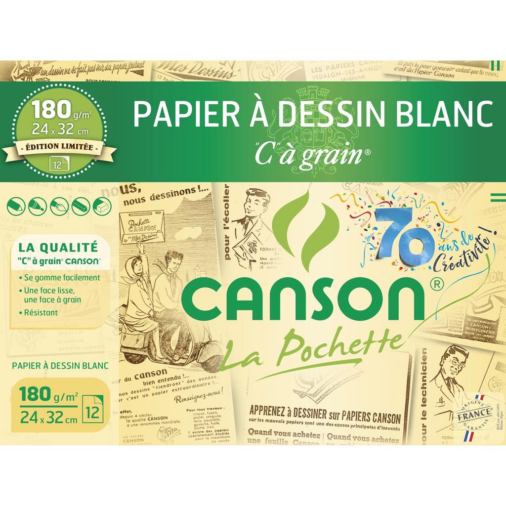 Papier dessin Canson 24x32cm 180g blanc pochette 12 feuilles