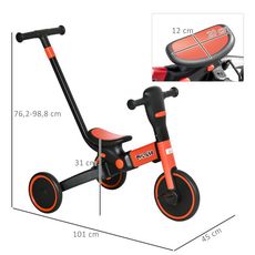 HOMCOM Tricycle enfant évolutif 4 en 1 - tricycle à pousser, tricycle simple, draisienne, vélo - canne  télescopique - guidon pliable - alu. rouge PP noir