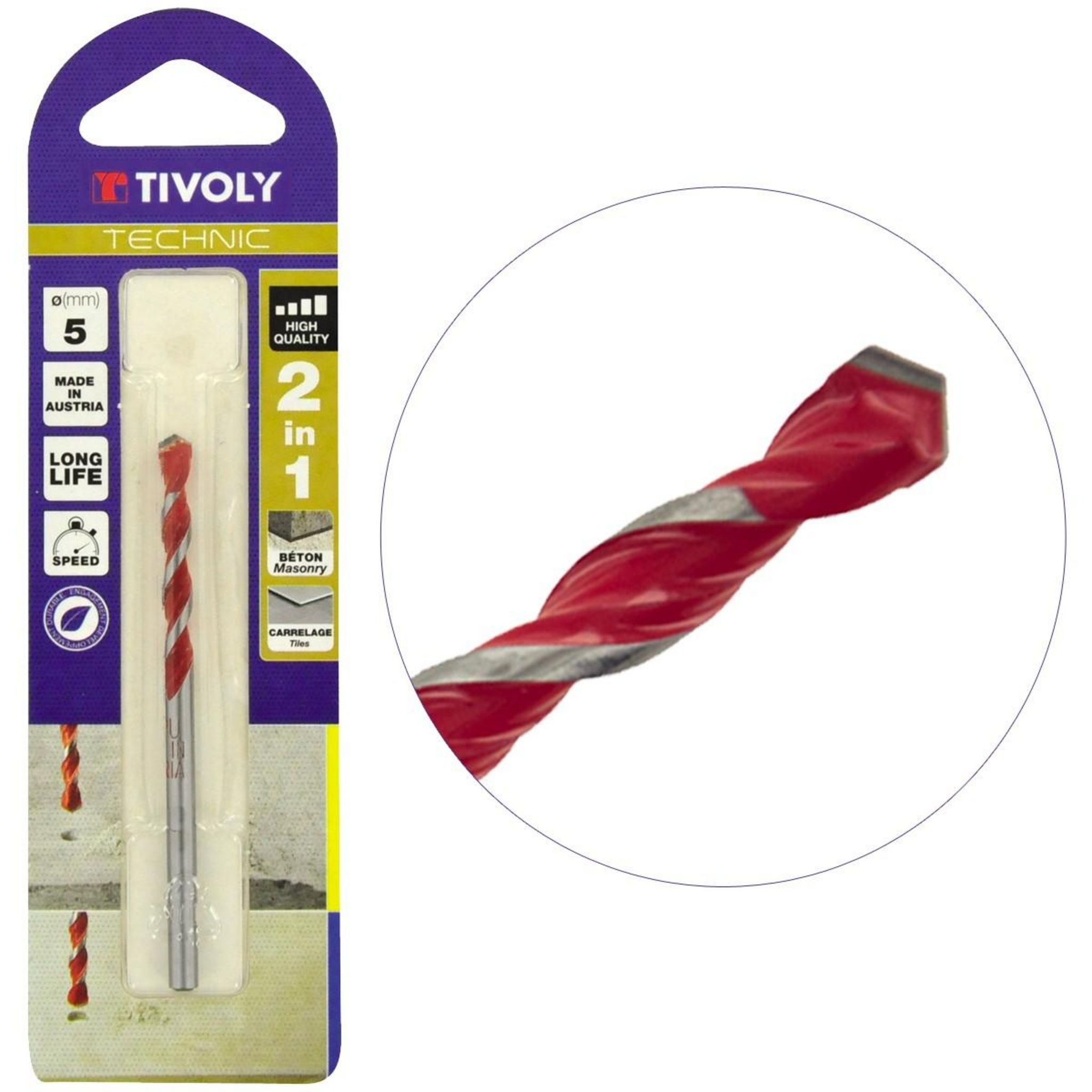 TIVOLY Foret Béton et Carrelage 2en1 Ø5mm TIVOLY Perçage Sans Percussion  Plaquette Carbure ultra dure - Affutage meule diamant pas cher 