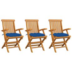 Chaises de jardin avec coussins bleu 3 pcs Bois de teck massif