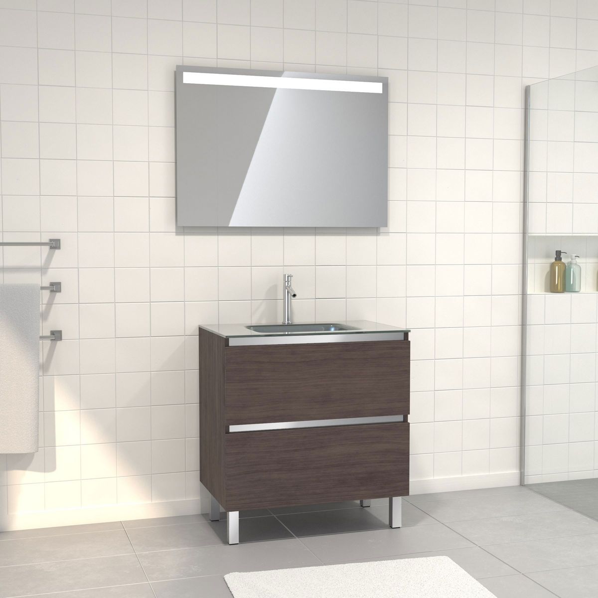 Aurlane Pack Meuble de salle de bain 80x50 cm Graphite + vasque Argent + miroir LED 80x60