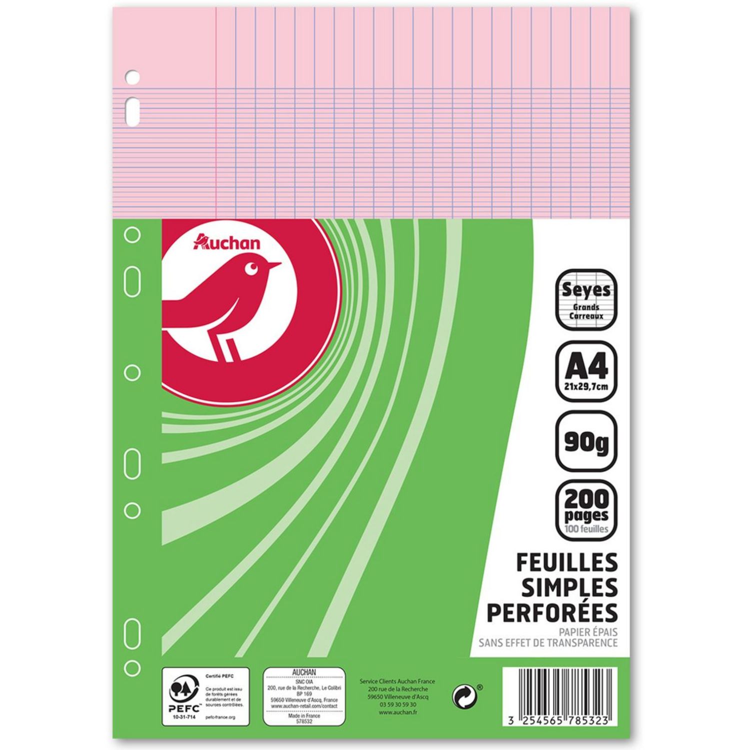 AUCHAN Feuilles simples 200 pages 21x29.7cm grands carreaux Seyes