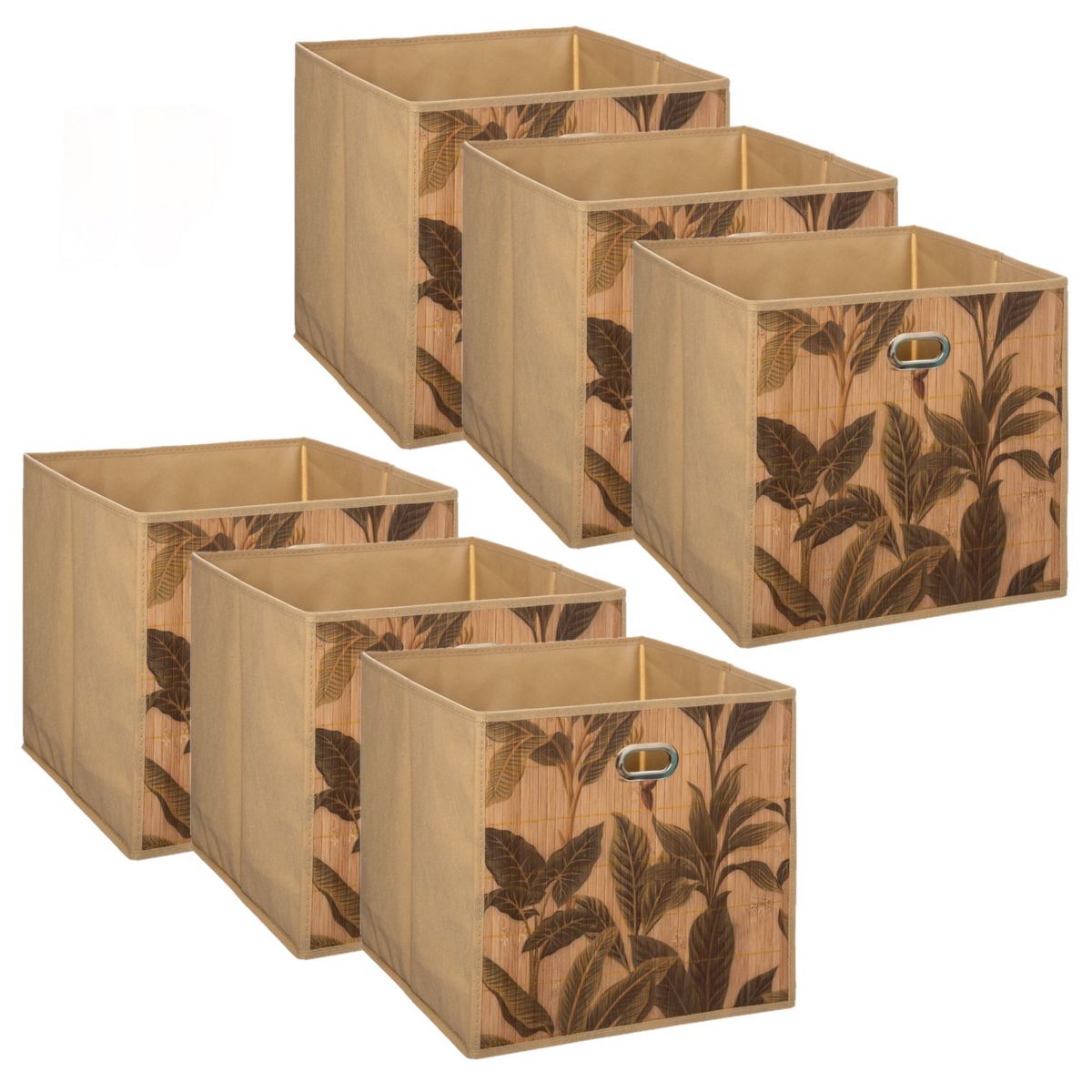 TOILINUX Lot de 6 Boîtes de rangement imprimé tropical en bambou et tissu - Marron