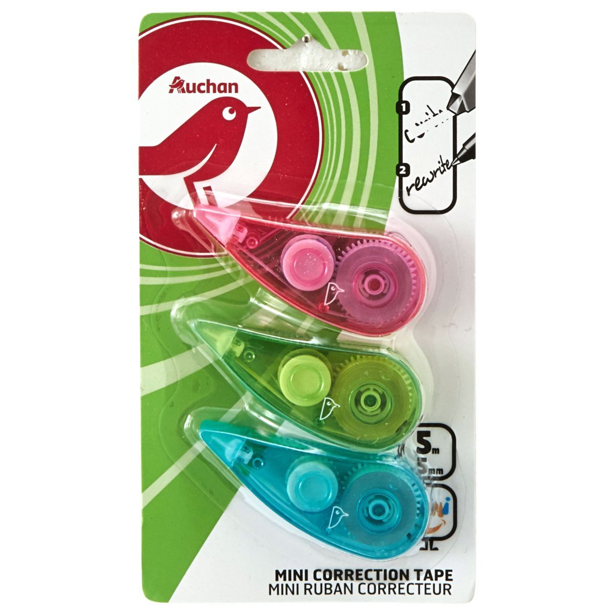 AUCHAN Lot de 3 mini souris correctrices 5m rose, vert et bleu pas