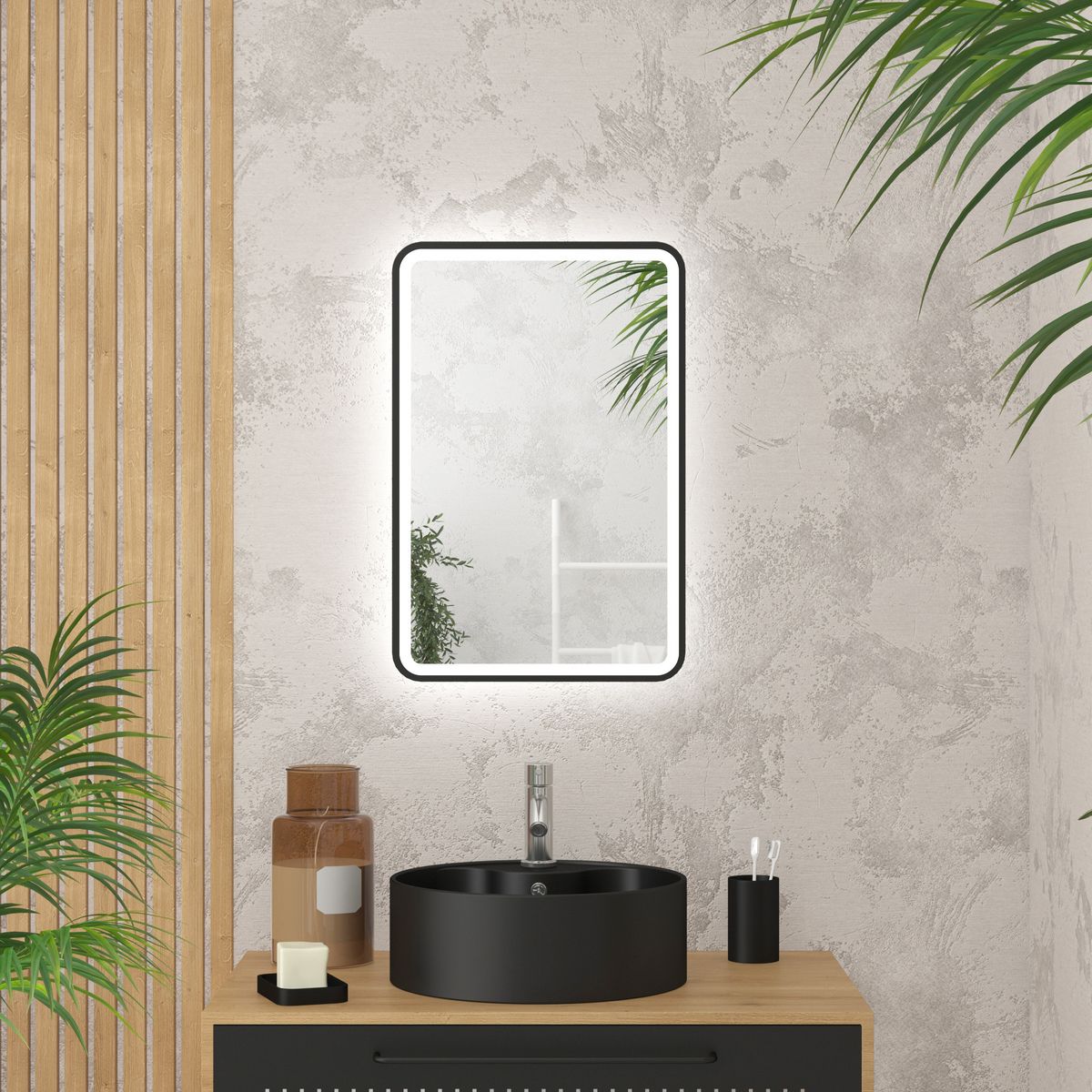Aurlane Miroir salle de bain avec eclairage LED et contour noir - 40x60cm - GO BLACK LED