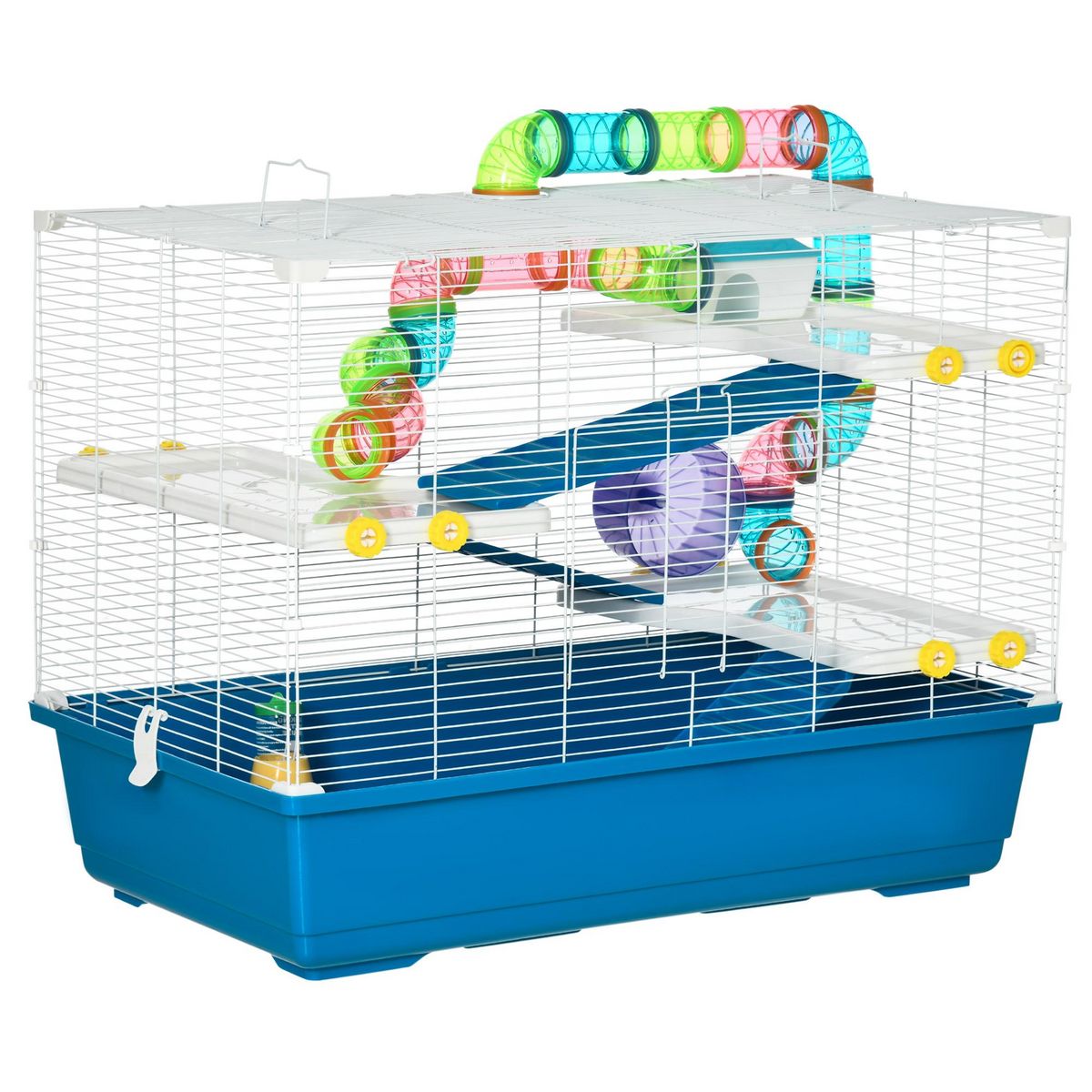PAWHUT Grande cage à hamsters 4 niveaux - tunnels, abreuvoir, mangeoire, roue, maisonnette, échelles - dim. 79L x 46l x 60H cm - métal PP bleu blanc