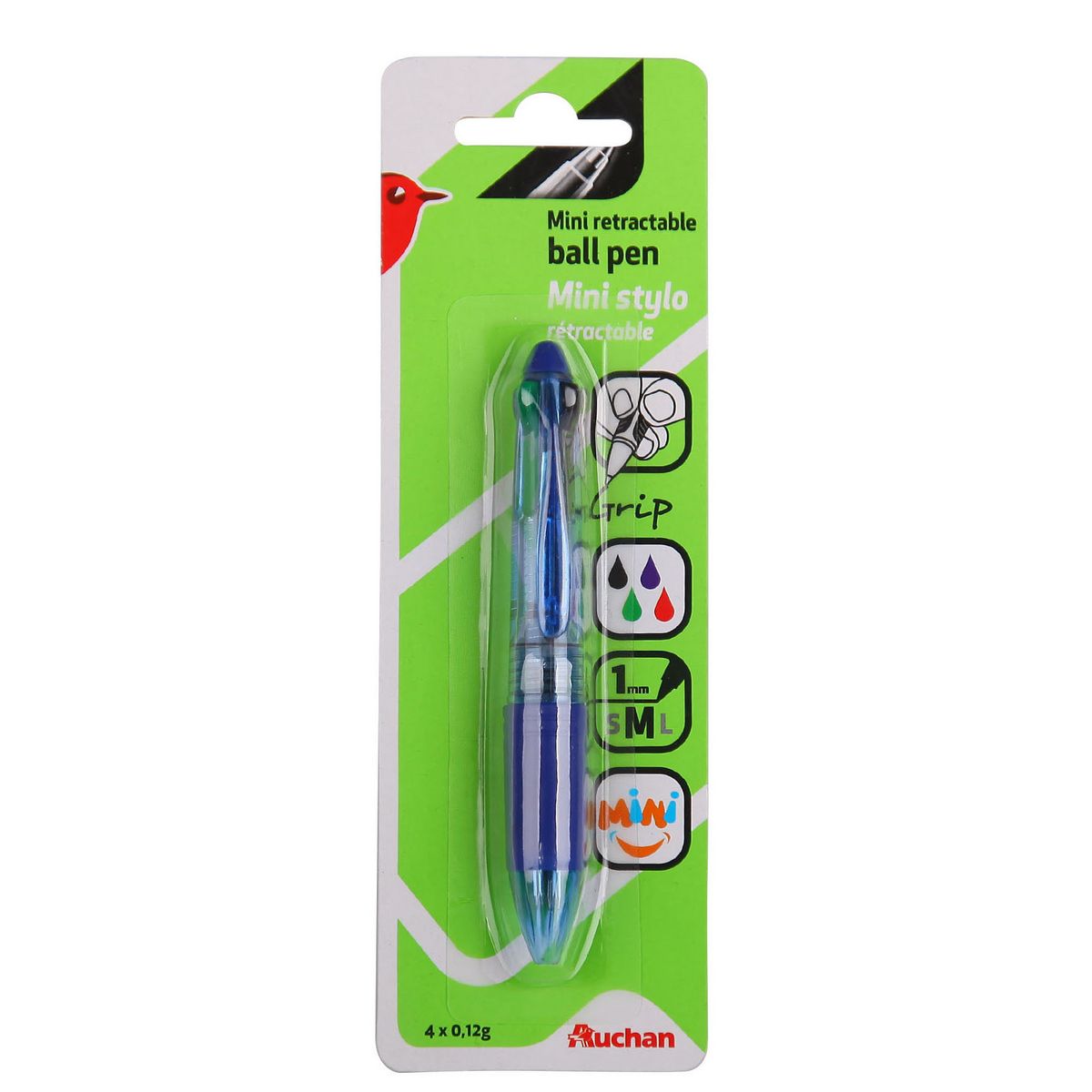 AUCHAN Mini stylo 4 couleurs rétractable pointe moyenne 1mm